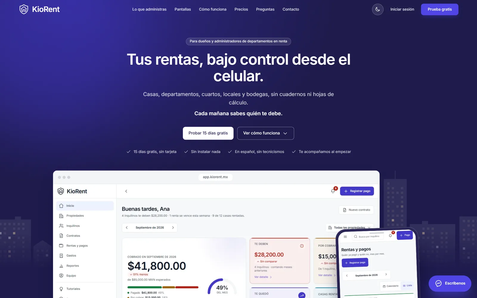 Panel de KioRent con lo cobrado en el mes
